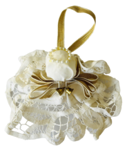 Vintage Battenburg Lace Doily Angel Ornament Ecru with Gold Ribbons &amp; Bells 5&quot; - £10.00 GBP