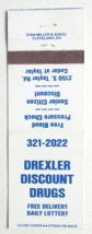 Drexler Discount Drugs - Cleveland Heights, Ohio Store 20 Strike Matchbook Cover - £1.17 GBP