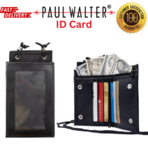 Men Women Pure Genuine Leather Black Bifold ID Card,Name Pouch with Neck Strap - £8.62 GBP