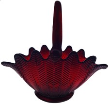 1980&#39;s L.E. Smith Glass Ruby Red Sanford Feather Pattern 13&quot;l Decorative Basket - £150.10 GBP