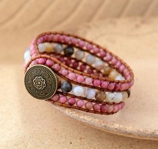 Cuff Bracelet Unique Rhodonite Japser Leather Wrap - £19.64 GBP