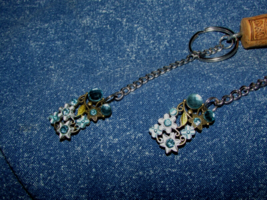 handmade WINE CORK KEY CHAIN w/vine silver flowers &amp; blue rhinestones (key 5) - $7.92