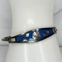 Vintage Taxco Mexico Silver Tone Blue Turquoise Abalone Flower Bangle Bracelet - £18.59 GBP