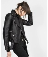 Chaqueta negra para mujer motociclista elegante cuero de cordero suave r... - $234.83 CAD+