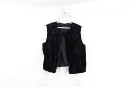 Vintage 60s Boho Chic Womens Small Blank Top Clasp Crushed Velvet Vest Black - £70.14 GBP