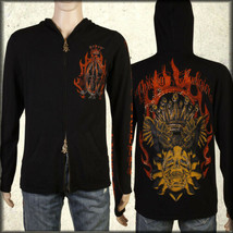 Christian Audigier Flames Skull Rhinestones Mens LS Zip Hoodie Sweater Black - $185.83