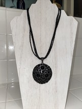 Multi Strand Black Seed Bead Necklace 16&quot; with Circle Pendant Sparkling - £2.94 GBP