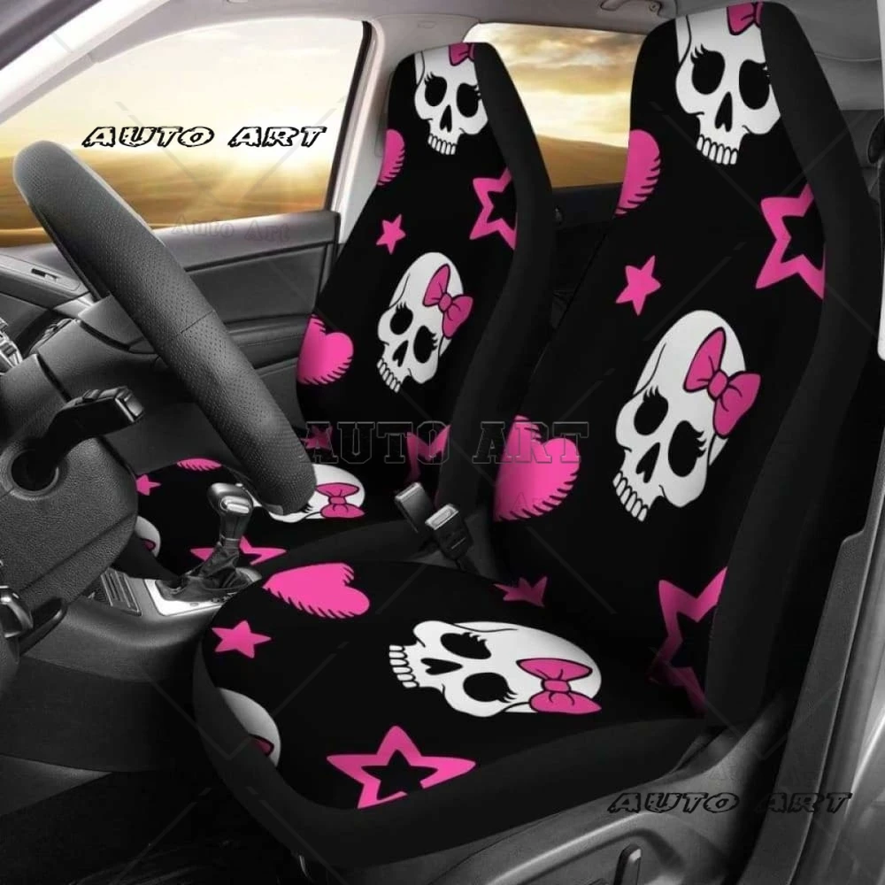 Sugar Skulls Pink Hearts Car Seat Covers,Pack of 2 Universal Front Seat - £22.68 GBP