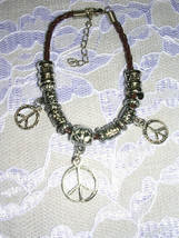 Brown Multi Beaded Peace Sign Charms Woven Cord Bracelet Ext Chain 7&quot; - 9&quot; Adj - £3.98 GBP