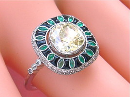 Art Deco 1.83ct Yellow Cushion Diamond Emerald Onyx Cocktail Engagement Ring - £13,062.83 GBP
