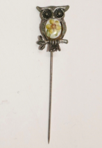 Gold Bronze Tone Owl Stick Pin with Hand Painted Flower Porcelain Tummy - £16.06 GBP