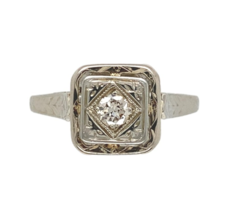 18k White Gold Art Deco Genuine Natural Diamond RIng Hand Engraved 5 (#J... - $543.51