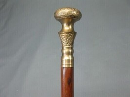 Antique Solid Brass Head Handle Vintage Brown Wooden Walking Stick Cane Gift Men - $37.39