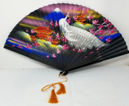 Enchanting Oriental Decorative Hand Fan with Crane and Cherry Blossom De... - $18.95