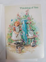 Vintage Greeting Card 1990s Made In USA Thinking Of You Girl Bird Cat - $9.30