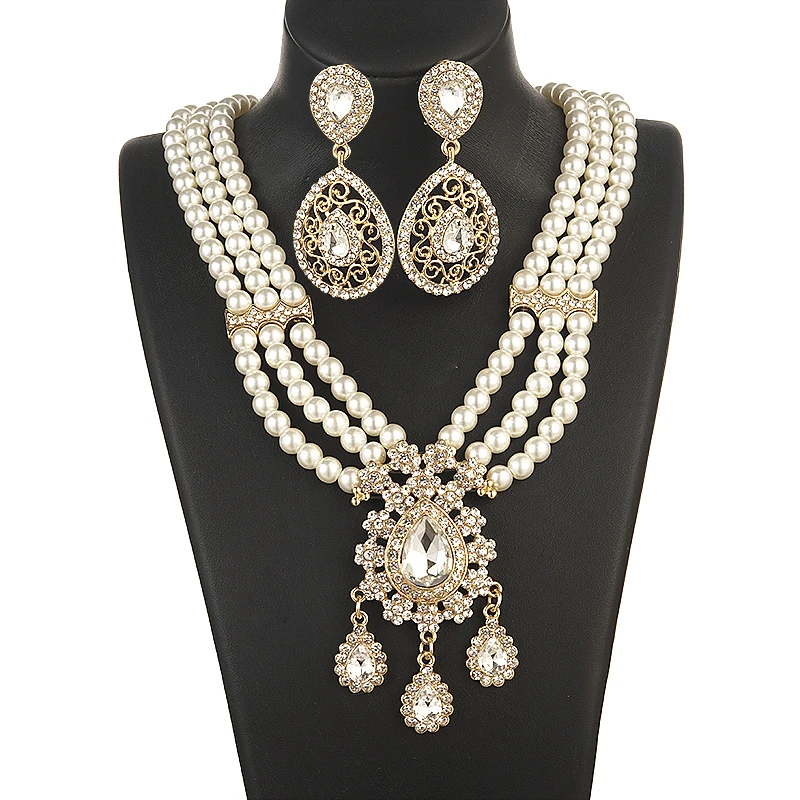 Morocco Gold Plated Pearl Necklace Set Water Drop Crystal Bridal Collar Necklace - £41.69 GBP