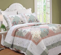 Cozy Line Home Fashions Floral Real Patchwork Green Peach Scalloped, 3 P... - $110.93