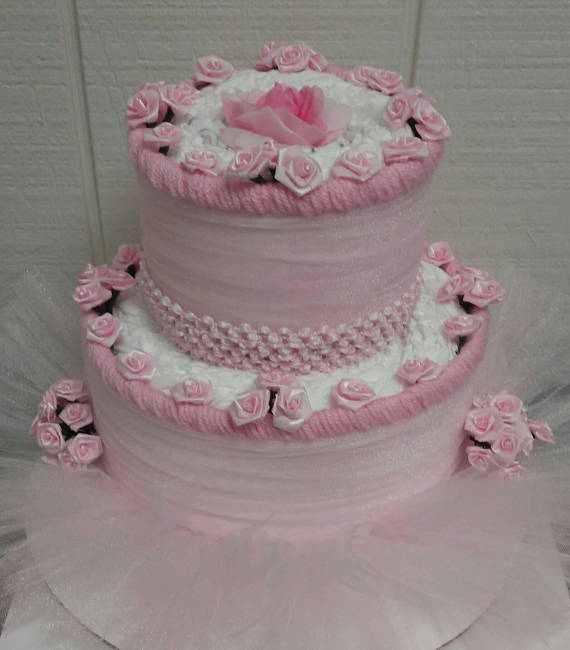 Light Pink Floral Ballerina Baby Shower 2 Tier Tutu Diaper Cake