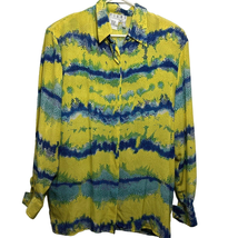 Piano Silk Button Up Blouse 100% Silk Women M Yellow Green Blue - £15.80 GBP