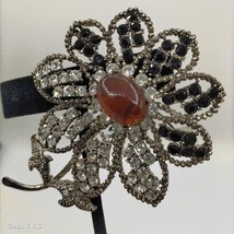 Vtg Flower Black &amp; White Rhinestone Antique Silver Tone Brown Stone Broo... - £11.61 GBP