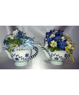Lot (2) Blue/White/Yellow Miniature Teapot Centerpiece Floral Arrangements - £39.08 GBP