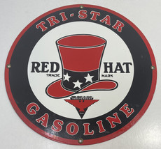 Tri-Star Gasoline Red Hat Trademark 11-1/2&quot; Round Metal Sign - £23.52 GBP