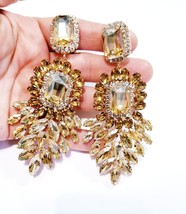 Rhinestone Pierced Earrings, Oversized Chandelier Earrings, Topaz Drop Pageant E - £40.27 GBP