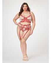 Sheer Stretch Mesh w/Floral Contrast Embroidery Bustier, Garter Belt &amp; Thong Red - $43.99