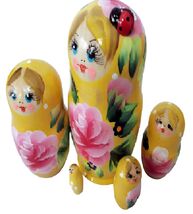 5pcs Hand Painted Russian Yellow Nesting Floral Decor w attached wooden ... - $21.55