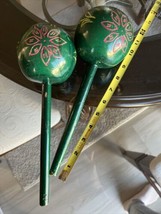 Pair of 11” Handmade Caribbean Maracas Gourd 30+ Yrs Old Green Floral - £27.09 GBP