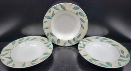 3 Mikasa Nature&#39;s Song Rim Soup Bowl Set Vintage CAA06 Intaglio Green Leaves Tan - £31.29 GBP