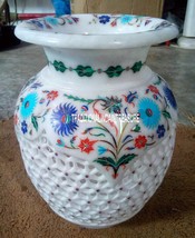 6&quot; Marble White Pot Turquoise Lattice Multi Art Inlay Floral Pietradura Decor - £336.29 GBP