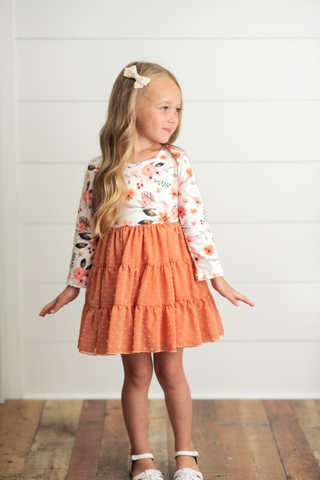 Girls Autumn Floral Twirl Dress. Rust Swiss Dot Tulle Dress. Thanksgiving Dress.