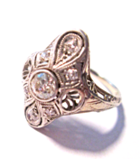 1920s 18K White Gold 7 Diamond Filagree Ring .52ct tot weight, main ston... - $543.51