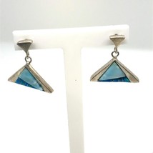 Vintage Signed Sterling Handmade Inlay Larimar and Opal Dangle Stud Earrings - $48.51