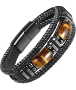 Men&#39;s Handmade Black Leather Tiger Eye Bracelet for Courage and Protection - $20.30