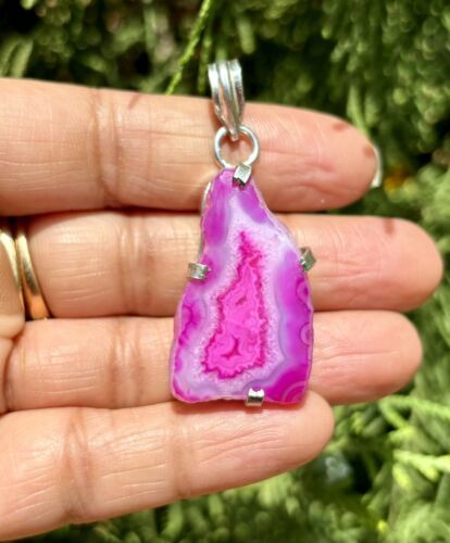 925 Sterling Silver Plated, PINK Druzy Geode Agate Stone Pendant, Healing 4 - $12.73