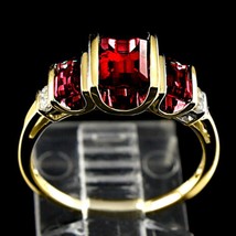 1.50ct Red Garnet Simulated 3-Stone Women Engagement Ring 14K Yellow Gold Plated - £80.86 GBP
