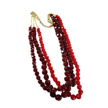 Vintage 3 Strand Red Faceted Bead Necklace 28” Imit Cherry Amber FREE SHIPPING  - £27.73 GBP