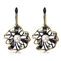 DreamCarnival 1989 Lotus Flower Earrings Hollow Created Pearl CZ Black Gold Colo - £14.11 GBP