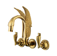GOLD PVD WALL MOUNTED SWAN BATHROOM SINK FAUCET SWAN HANDLES LUXURY TAP - $1,299.00