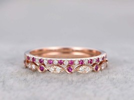 1Ct Round Cut Pink Saphire 14K Rose Gold Over Antique Matching Band Wedding Band - $93.49