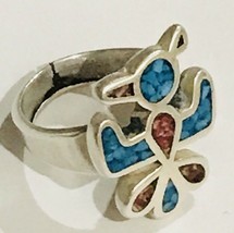 Sterling Silver  Navajo Eagle Turquoise and Coral Chip  Ring Size 6. 2018 - $65.00