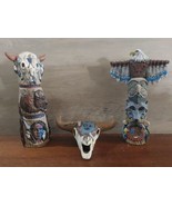 Vintage Ceramic Hand Painted Indian Totem Poles and Bull Skull 3pc 9.5&#39;&#39;... - $41.78