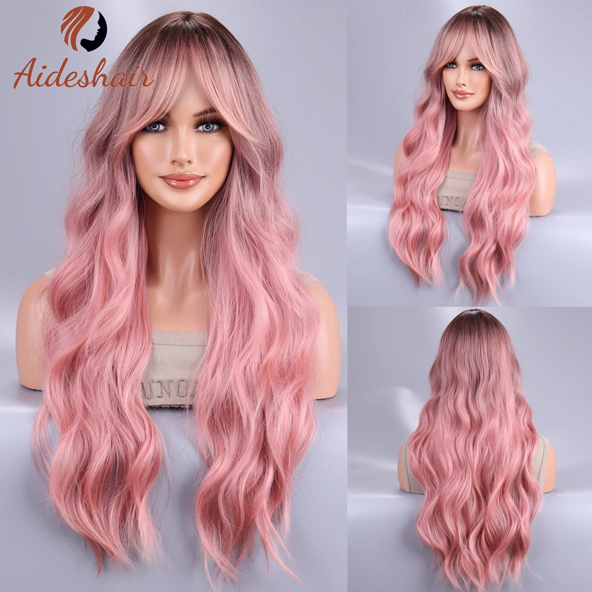 Long Body Wave Ombre Black Pink Cosplay Wigs Heat Resistant Synthetic Wi - £11.09 GBP+