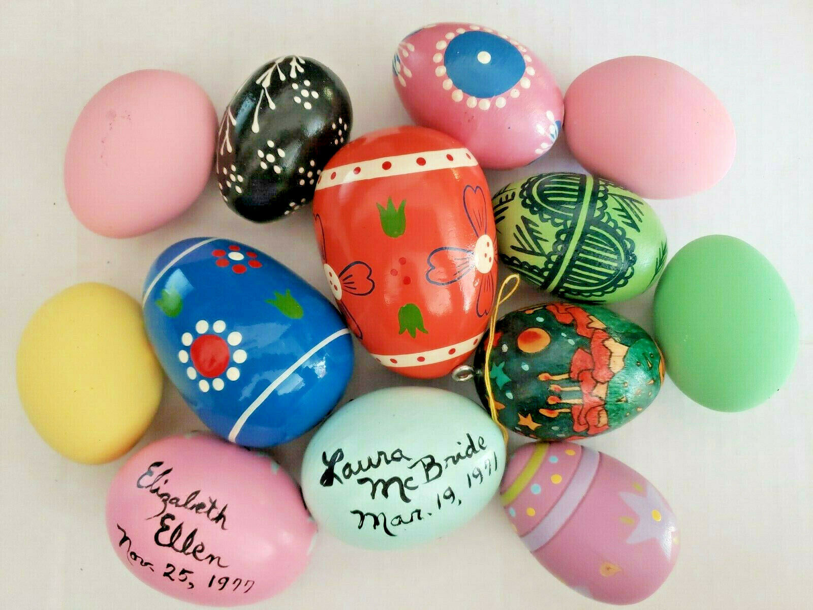 Primary image for Vintage Lot of 13 Mixed Easter Egg Decorated Colorful Ceramic Wood PB 162