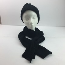 Black Soft Womens Beanie Hat Long Scarf Set Winter Warm Knit - £19.63 GBP