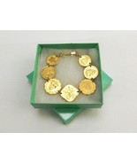Gold Tone Charm Bracelet, Brass Bahaman Coin Medallions, Lobster Clasp, ... - $14.65