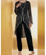 Mother of Bride Groom Women&#39;s Wedding Black 3PC duster pant set suit plu... - $3,581.14 MXN