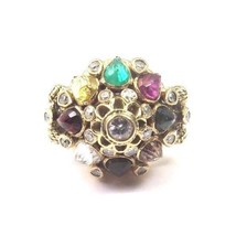 18k Yellow Gold Vintage Women&#39;s Cocktail Ring With Multi Color Stones &amp; Diamonds - £762.29 GBP